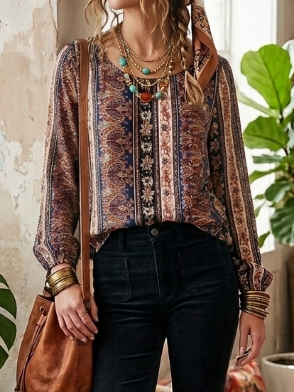 Miami Indigo Paisley Striped Boho Blouse with Open Back Detail - Medium
